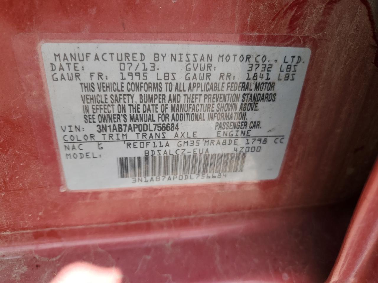 3N1AB7AP0DL756684 2013 Nissan Sentra S