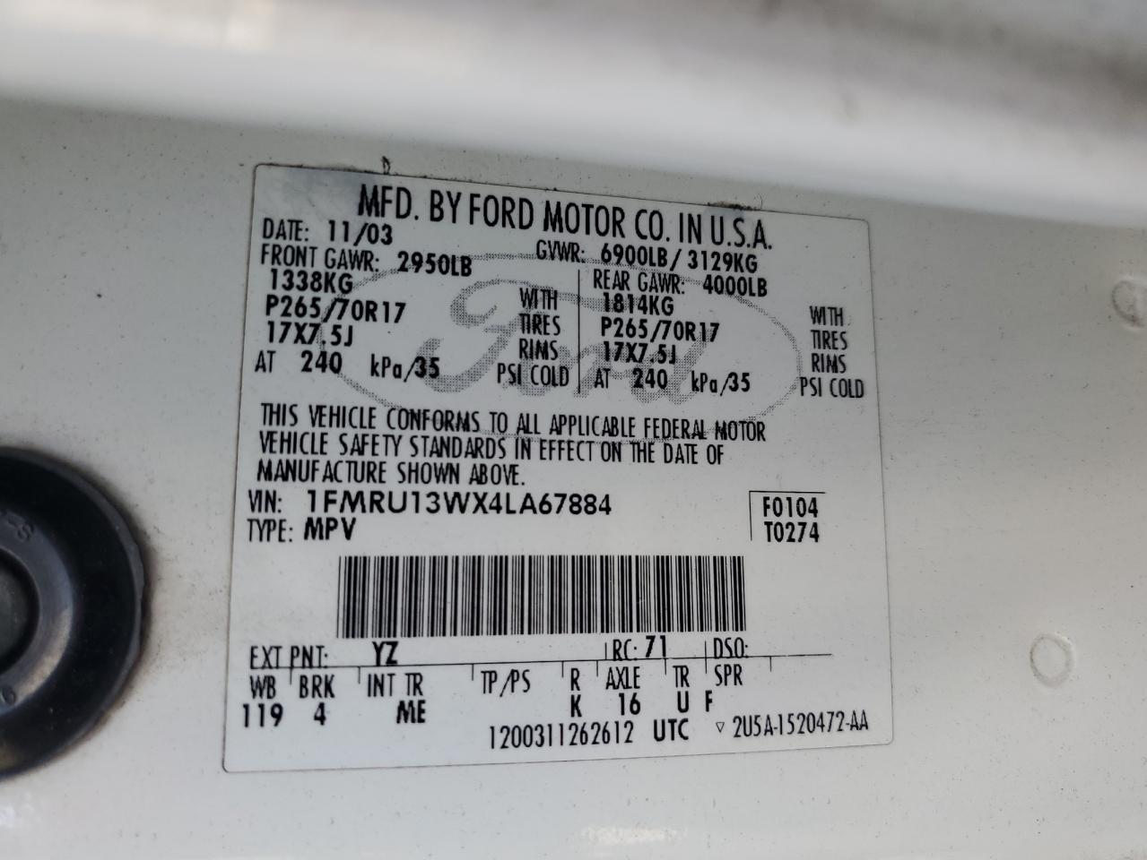 1FMRU13WX4LA67884 2004 Ford Expedition Xls