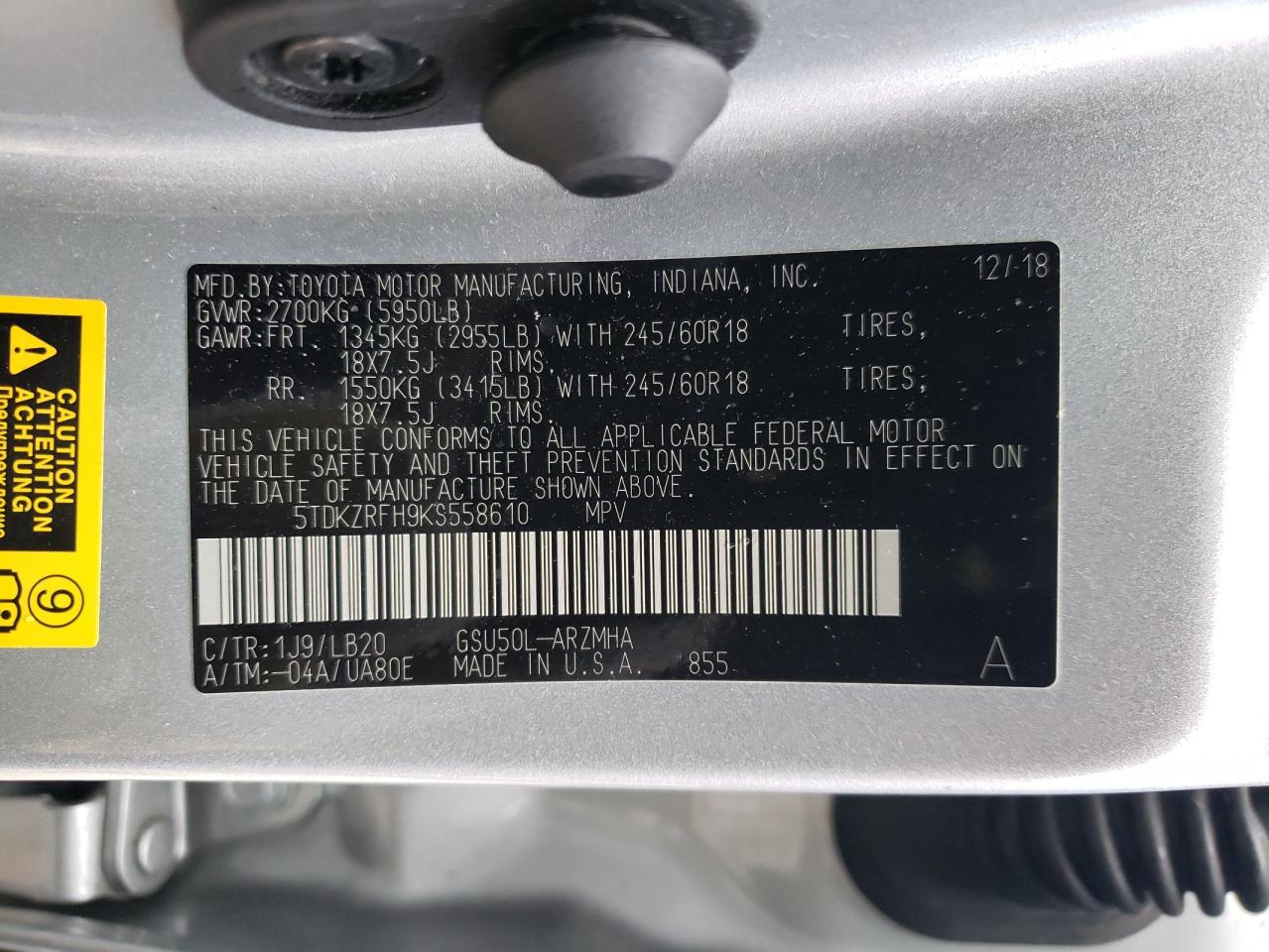 5TDKZRFH9KS558610 2019 Toyota Highlander Se