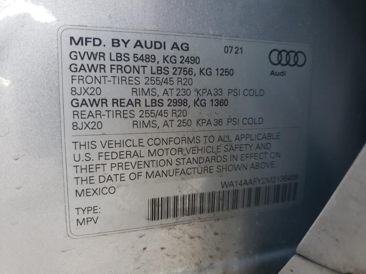 WA14AAFY2M2136488 2021 Audi Q5 Sportback Premium