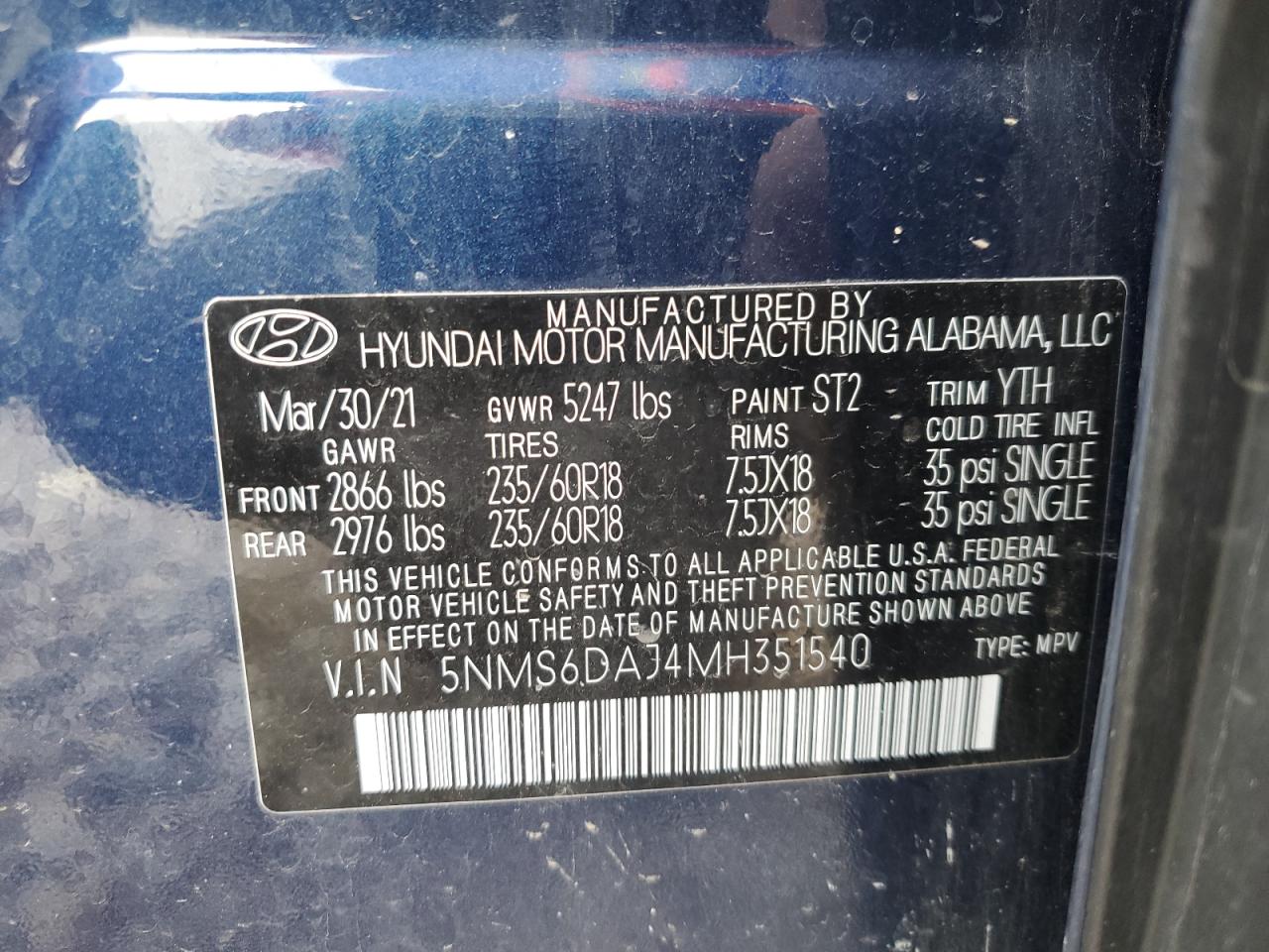 5NMS6DAJ4MH351540 2021 Hyundai Santa Fe Sel