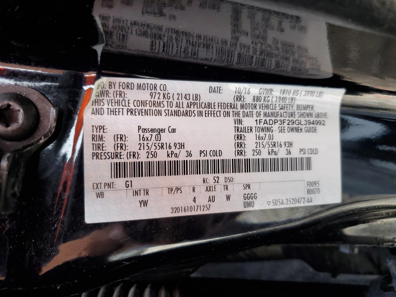 1FADP3F29GL394992 FORD FOCUS 2016