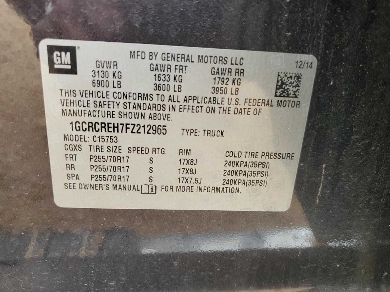 1GCRCREH7FZ212965 2015 Chevrolet Silverado C1500 Lt