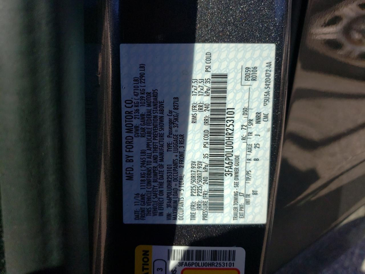 3FA6P0LU0HR253101 FORD FUSION 2017