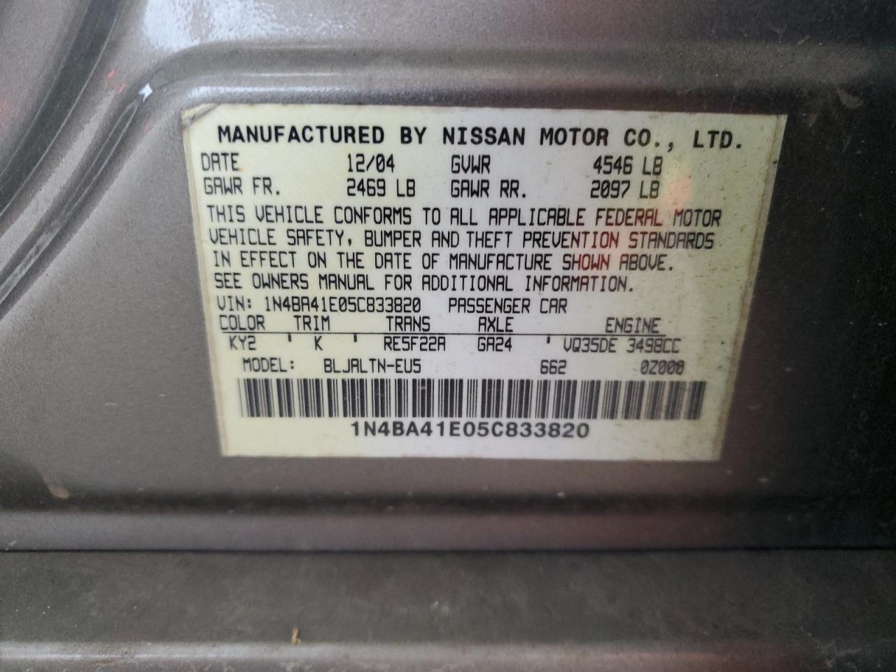 1N4BA41E05C833820 2005 Nissan Maxima Se