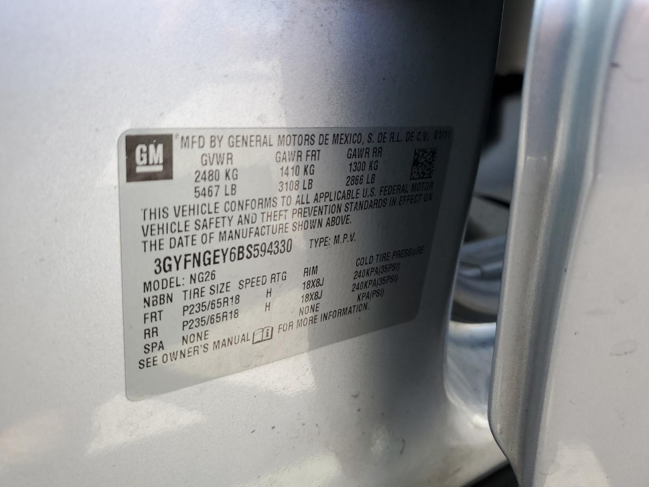 3GYFNGEY6BS594330 2011 Cadillac Srx