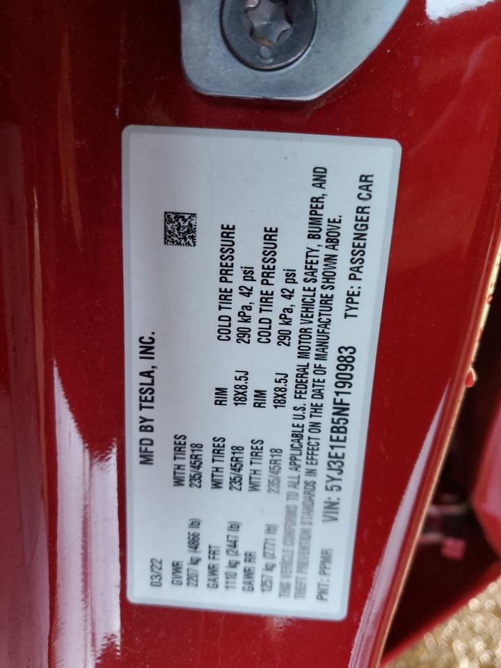 5YJ3E1EB5NF190983 2022 Tesla Model 3