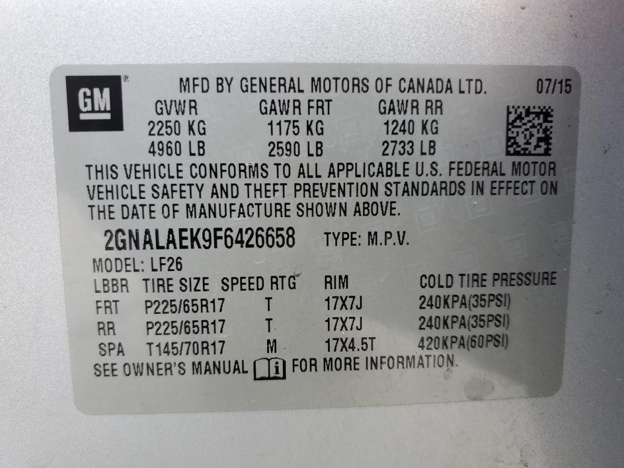 2GNALAEK9F6426658 2015 Chevrolet Equinox Ls