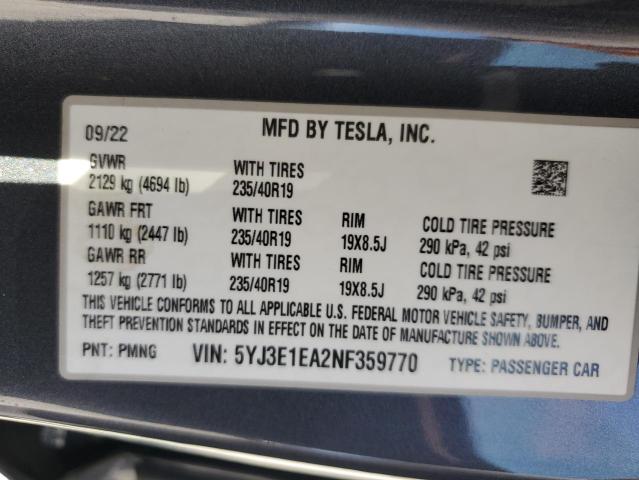 2022 Tesla Model 3 VIN: 5YJ3E1EA2NF359770 Lot: 51212774