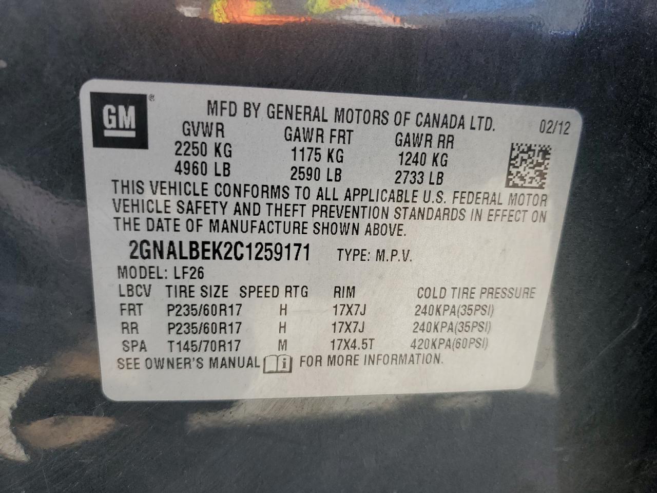 2GNALBEK2C1259171 2012 Chevrolet Equinox Ls