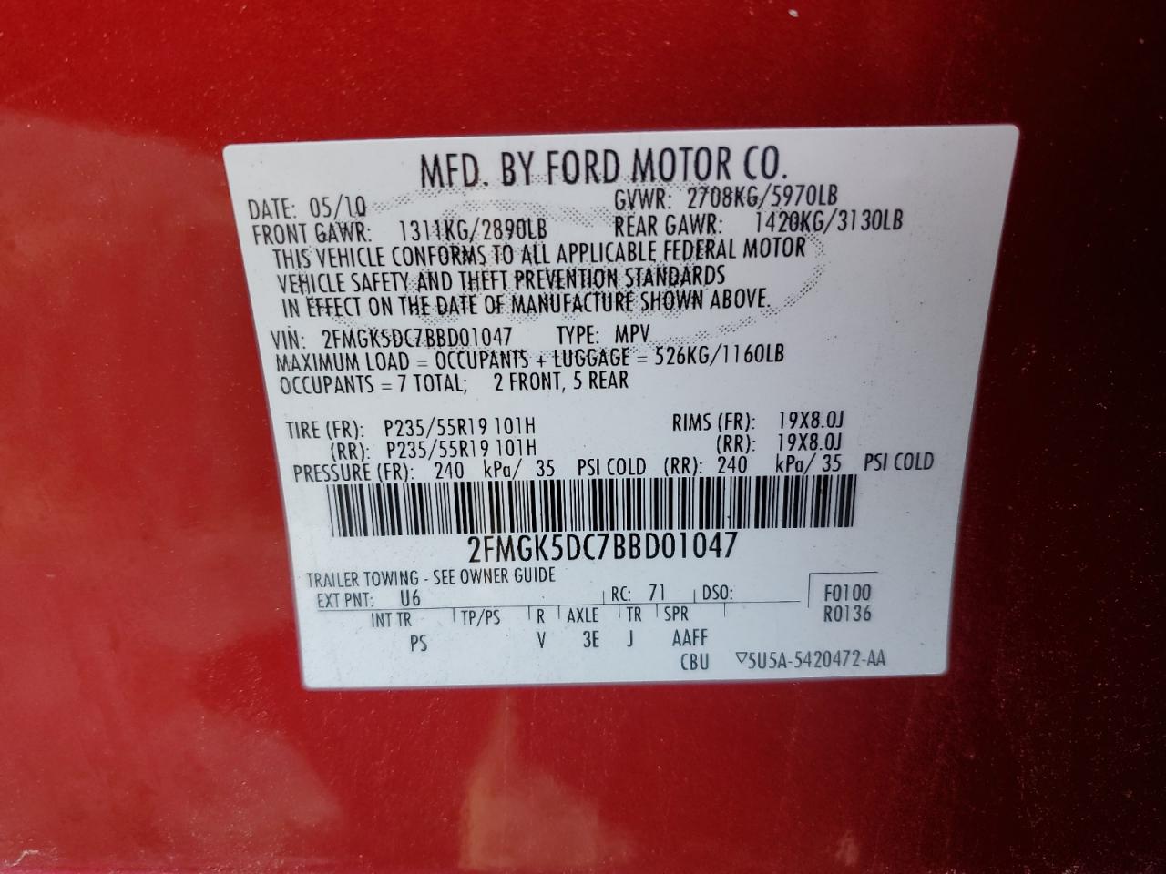 2FMGK5DC7BBD01047 2011 Ford Flex Limited