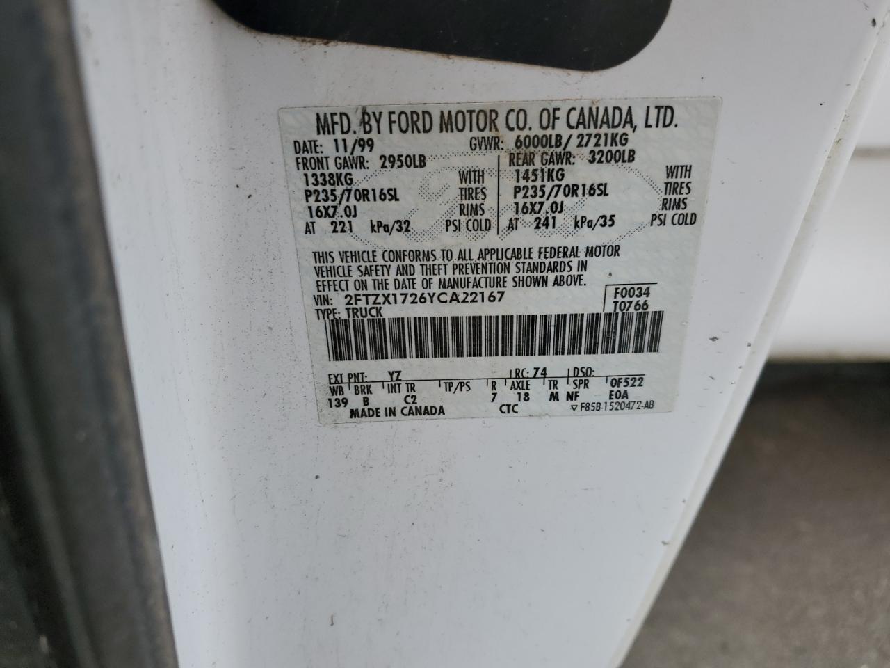 2FTZX1726YCA22167 2000 Ford F150