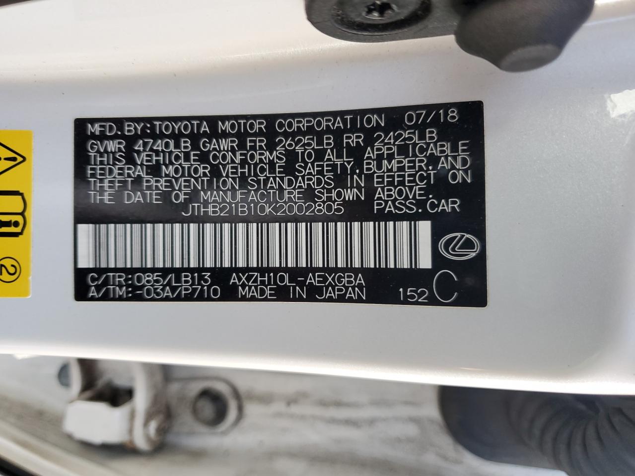 JTHB21B10K2002805 2019 Lexus Es 300H