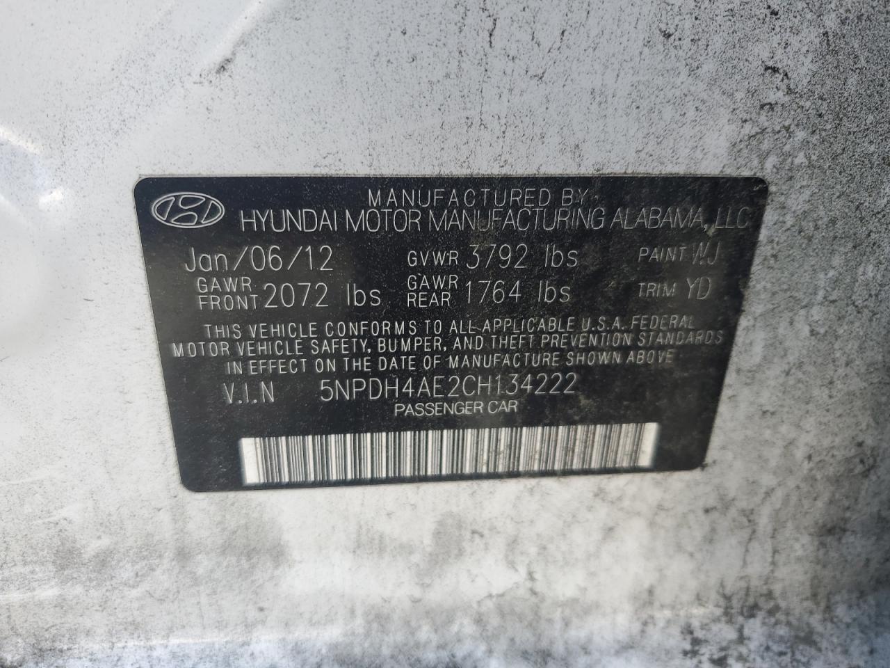 5NPDH4AE2CH134222 2012 Hyundai Elantra Gls