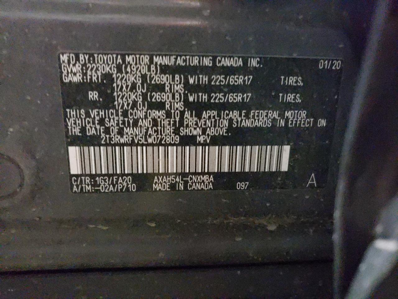 2T3RWRFV5LW072809 2020 Toyota Rav4 Xle