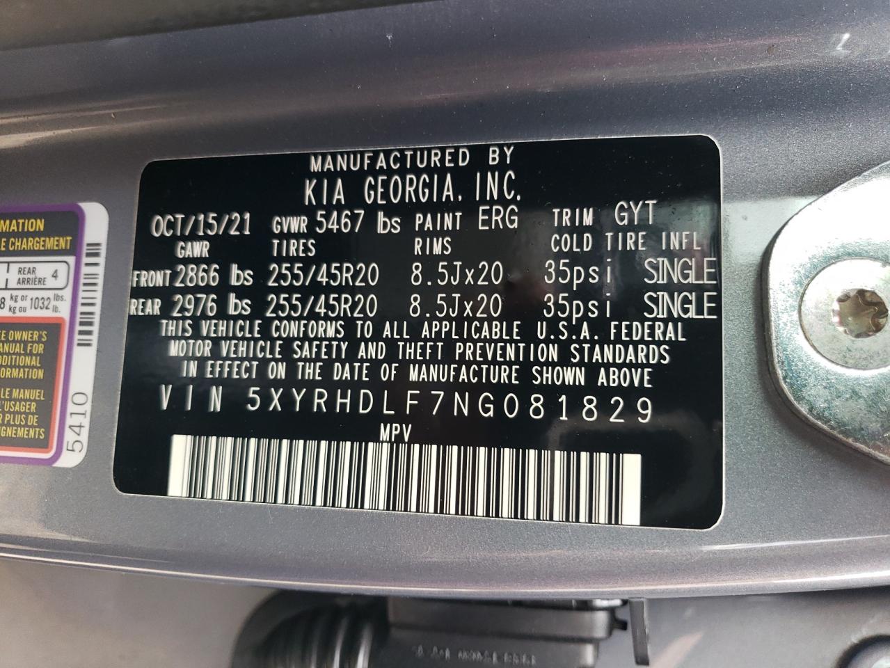 5XYRHDLF7NG081829 2022 Kia Sorento Ex