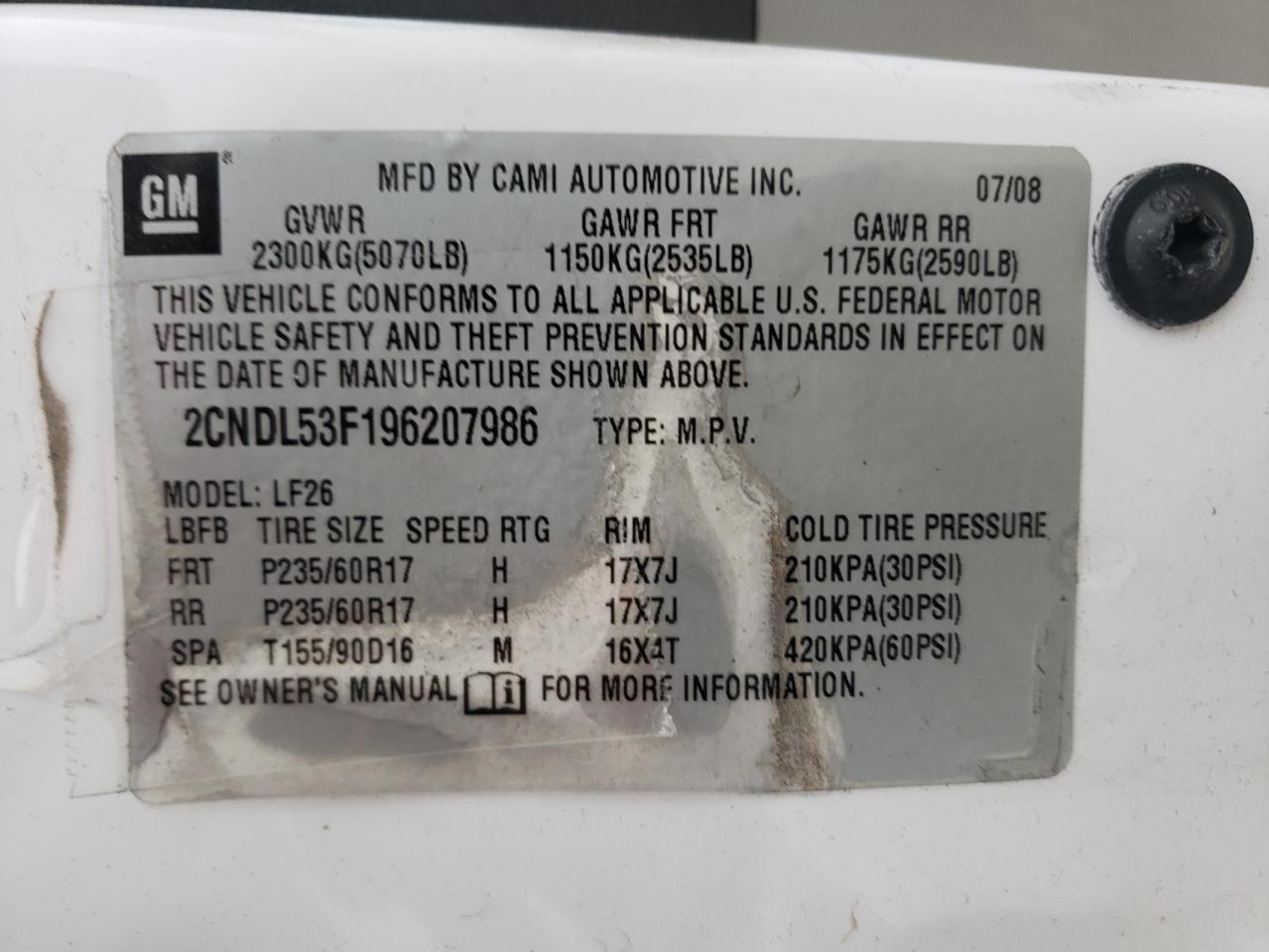 2CNDL53F196207986 2009 Chevrolet Equinox Lt