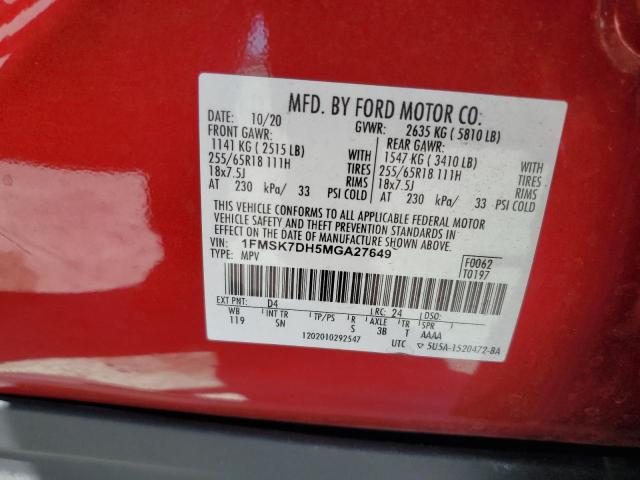 2021 Ford Explorer Xlt VIN: 1FMSK7DH5MGA27649 Lot: 49887814