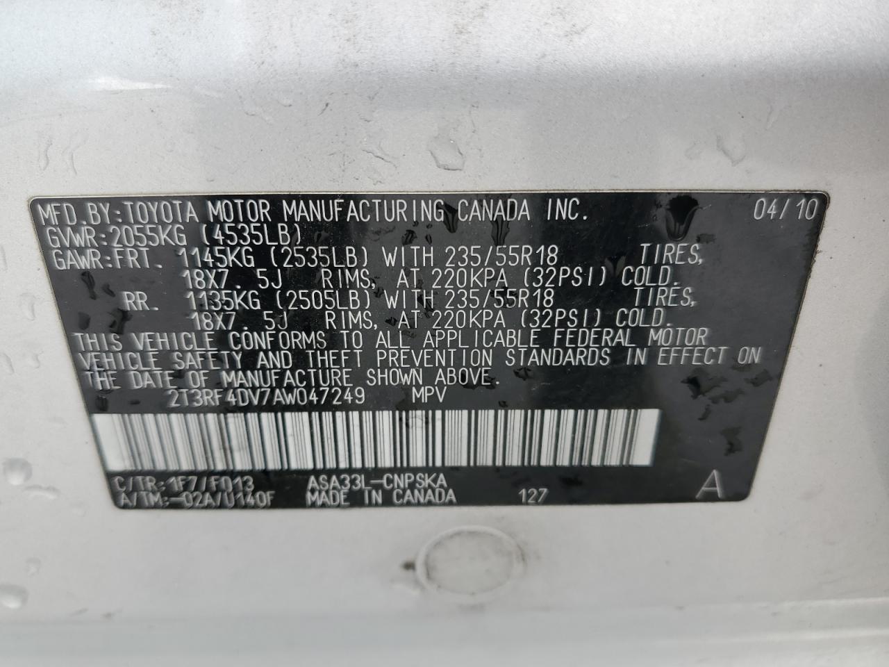 2T3RF4DV7AW047249 2010 Toyota Rav4 Sport