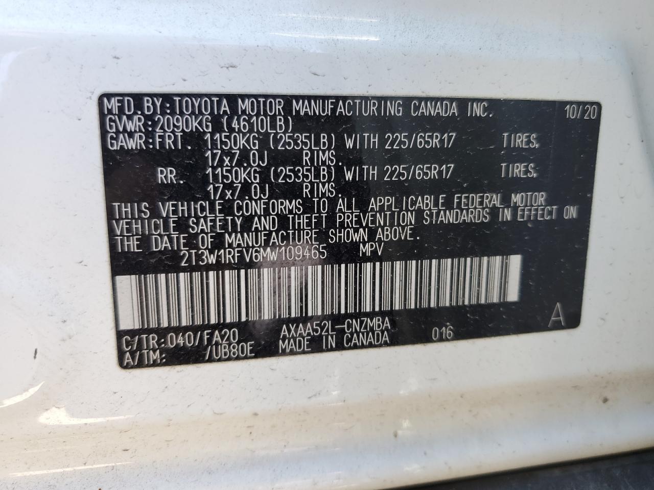 2T3W1RFV6MW109465 2021 Toyota Rav4 Xle