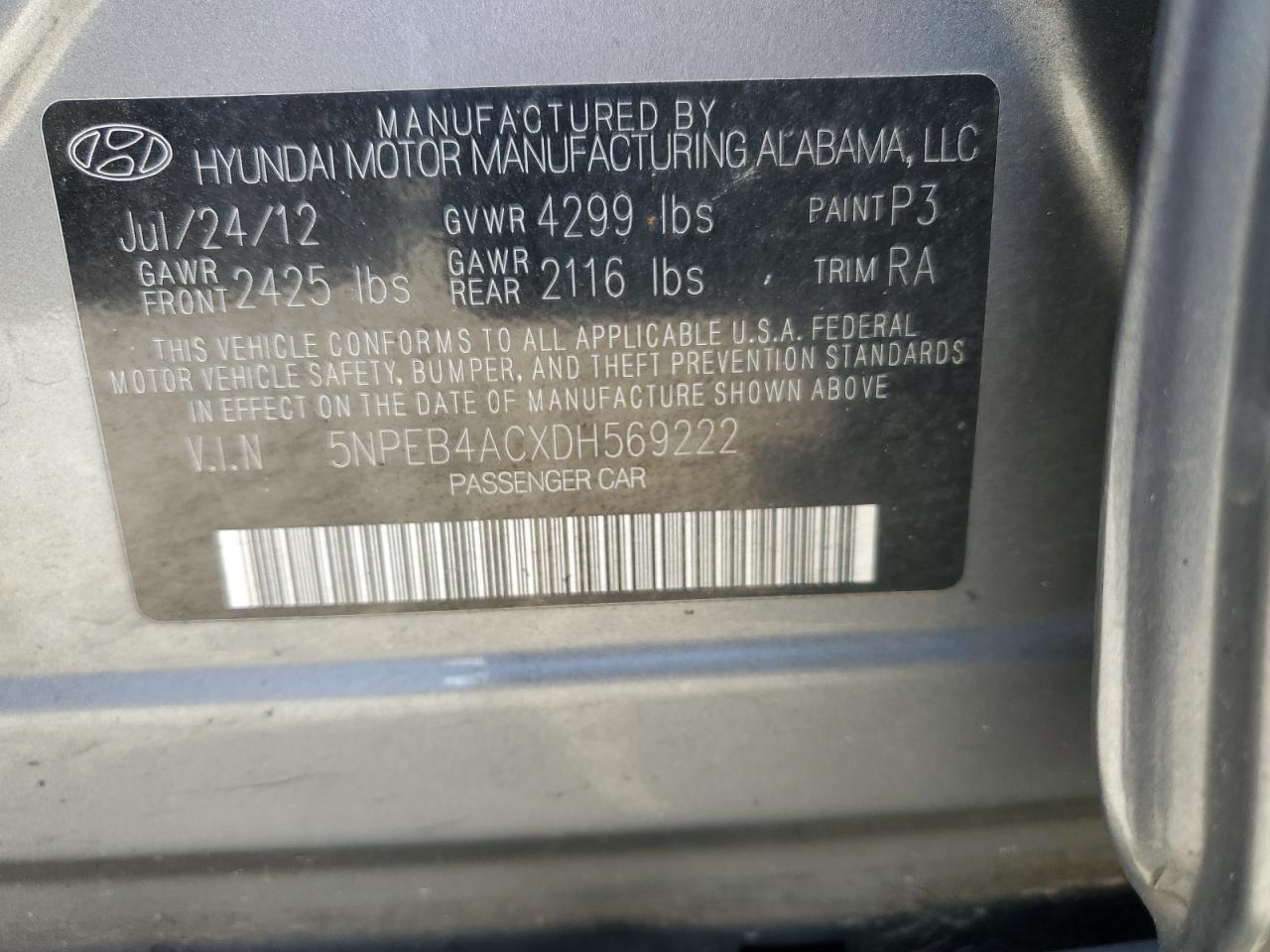 5NPEB4ACXDH569222 2013 Hyundai Sonata Gls