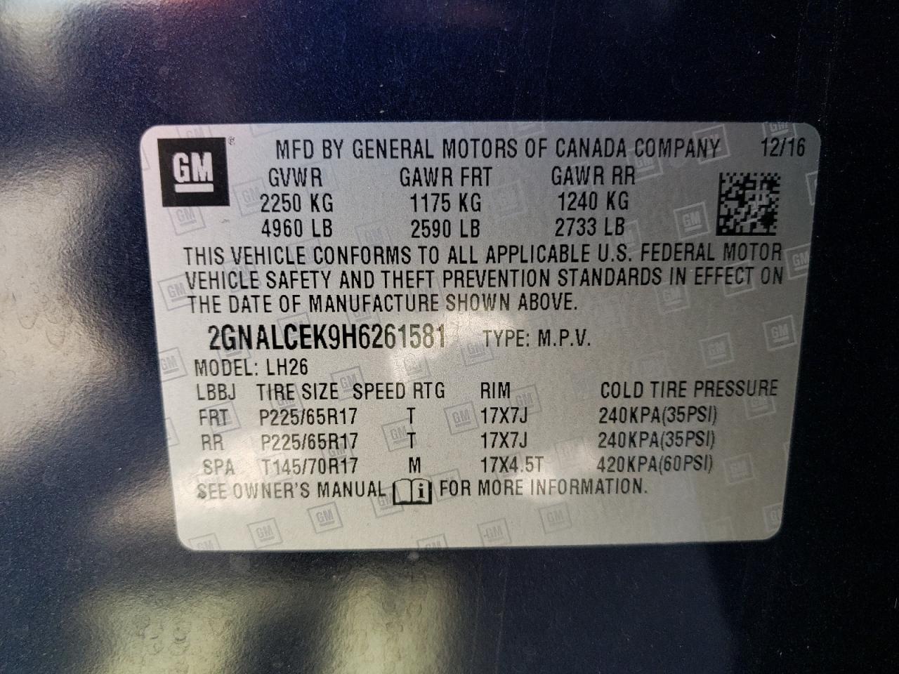 2GNALCEK9H6261581 2017 Chevrolet Equinox Lt