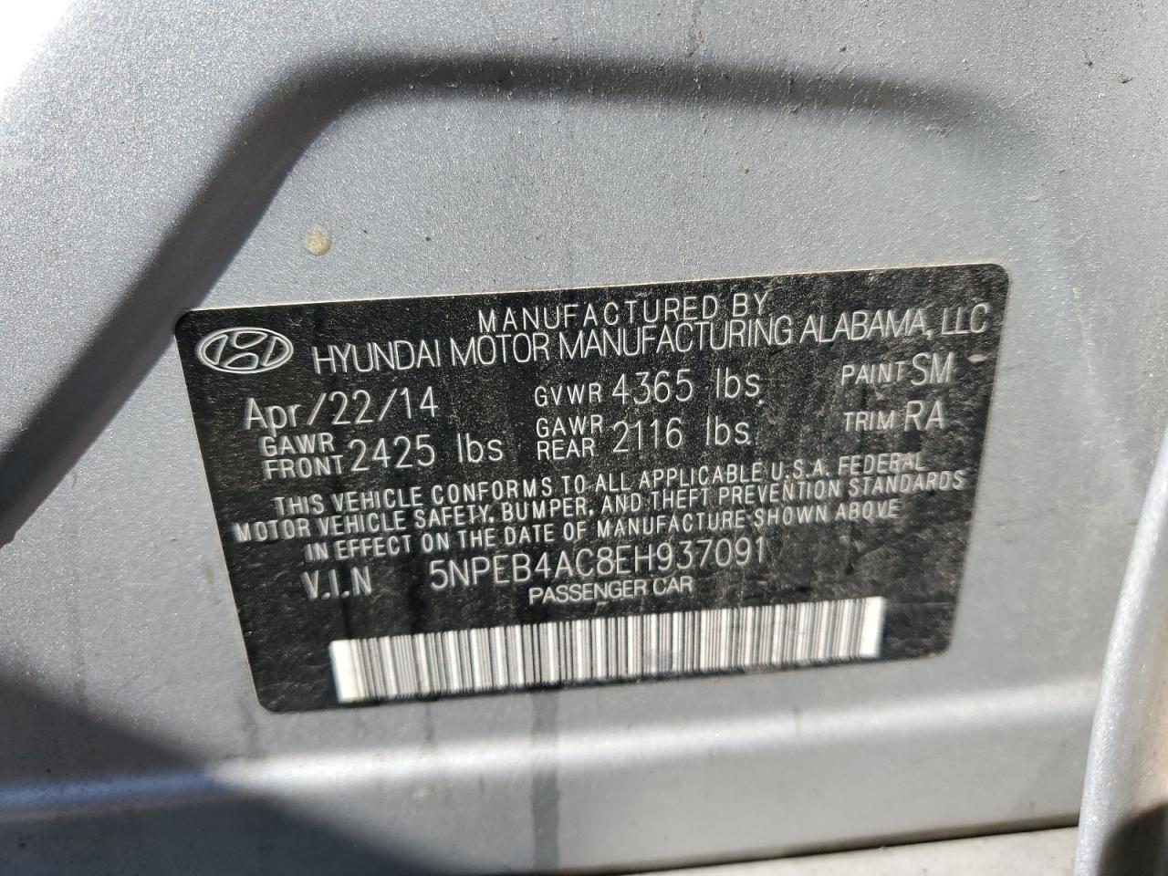 5NPEB4AC8EH937091 2014 Hyundai Sonata Gls