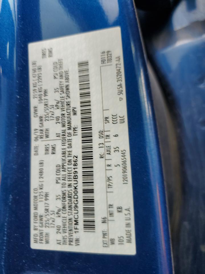1FMCU9GD0KUB91862 FORD ESCAPE 2019