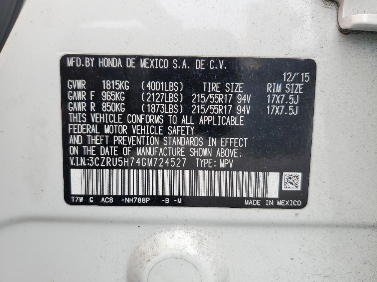 3CZRU5H74GM724527 2016 Honda Hr-V Exl