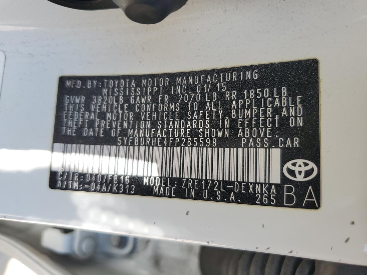 5YFBURHE4FP265598 2015 Toyota Corolla L