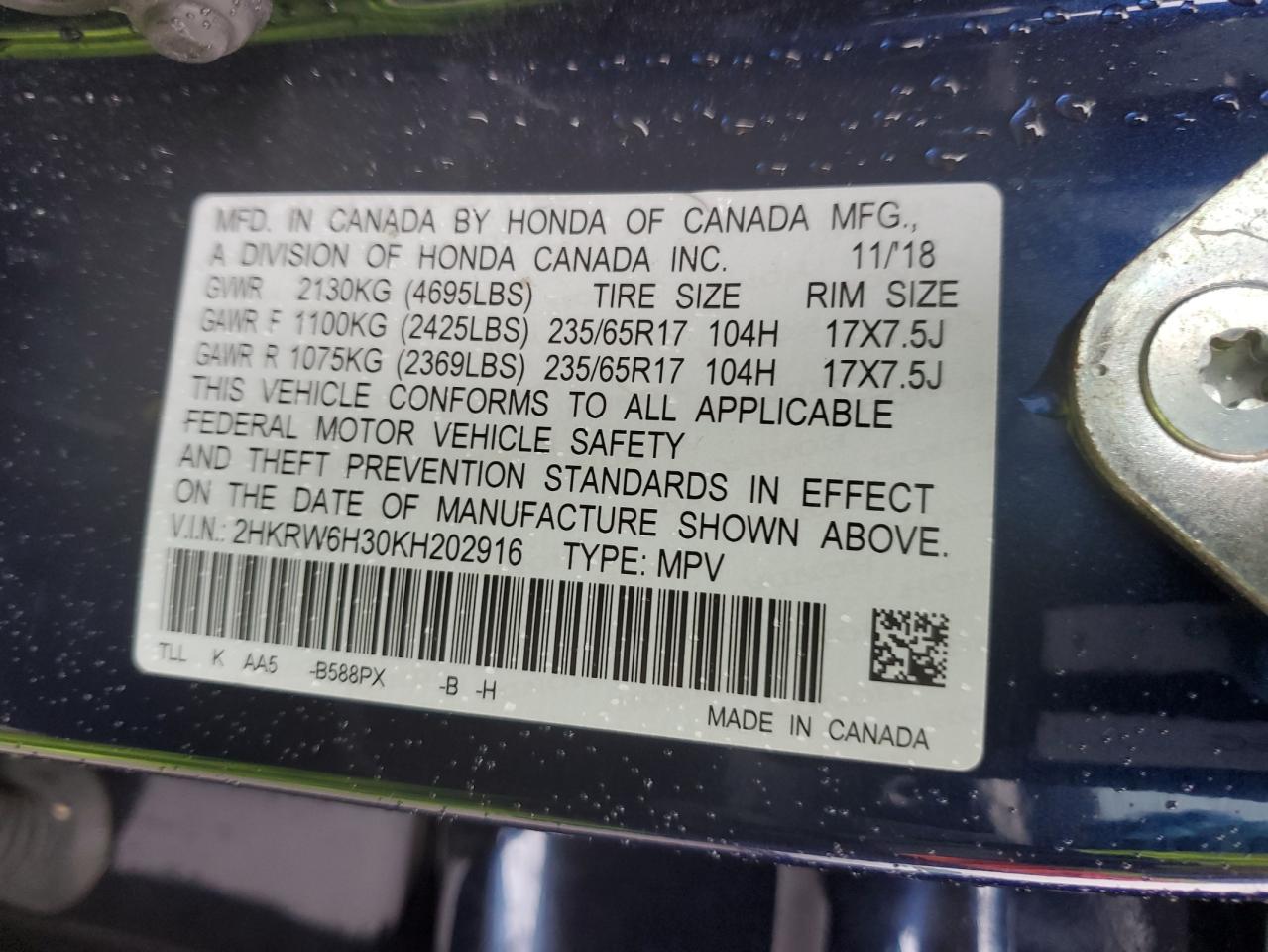 2HKRW6H30KH202916 2019 Honda Cr-V Lx