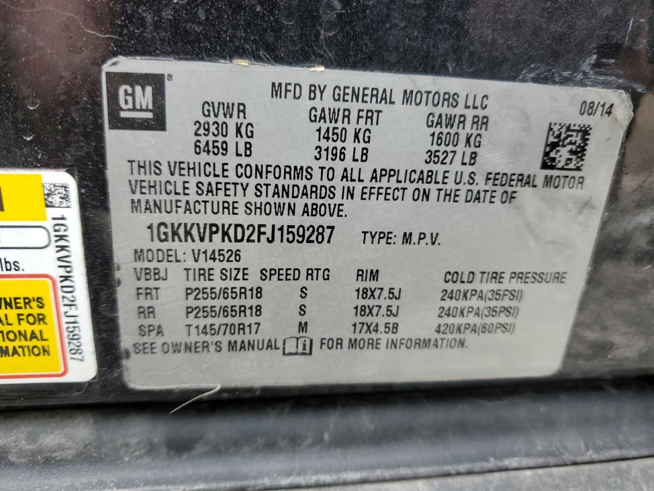 1GKKVPKD2FJ159287 2015 GMC Acadia Sle