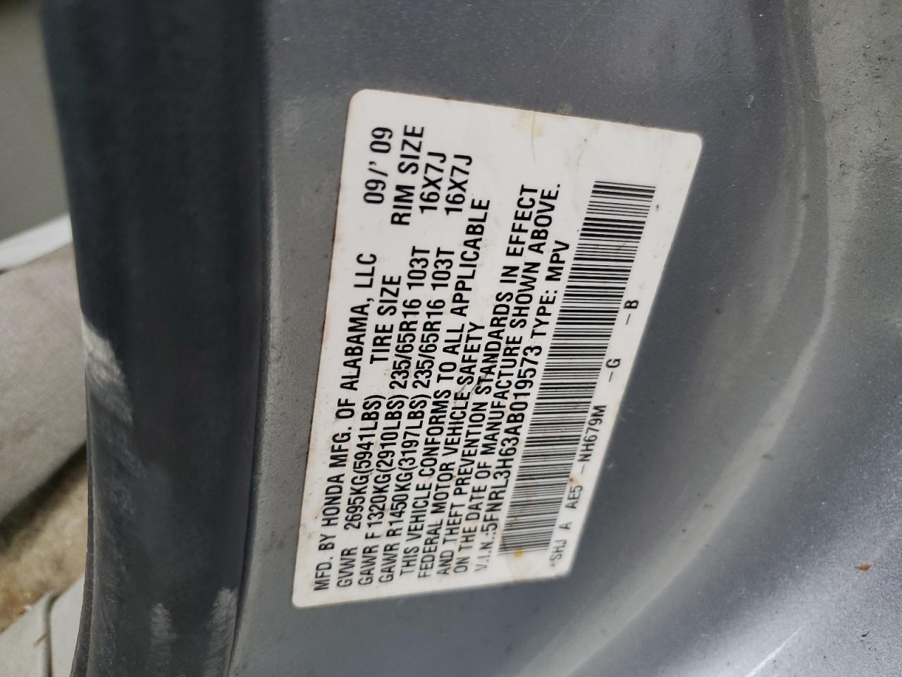 5FNRL3H63AB019573 2010 Honda Odyssey Exl