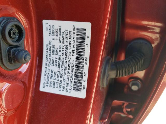 2019 Honda Civic Lx VIN: 2HGFC2F60KH552235 Lot: 51868294