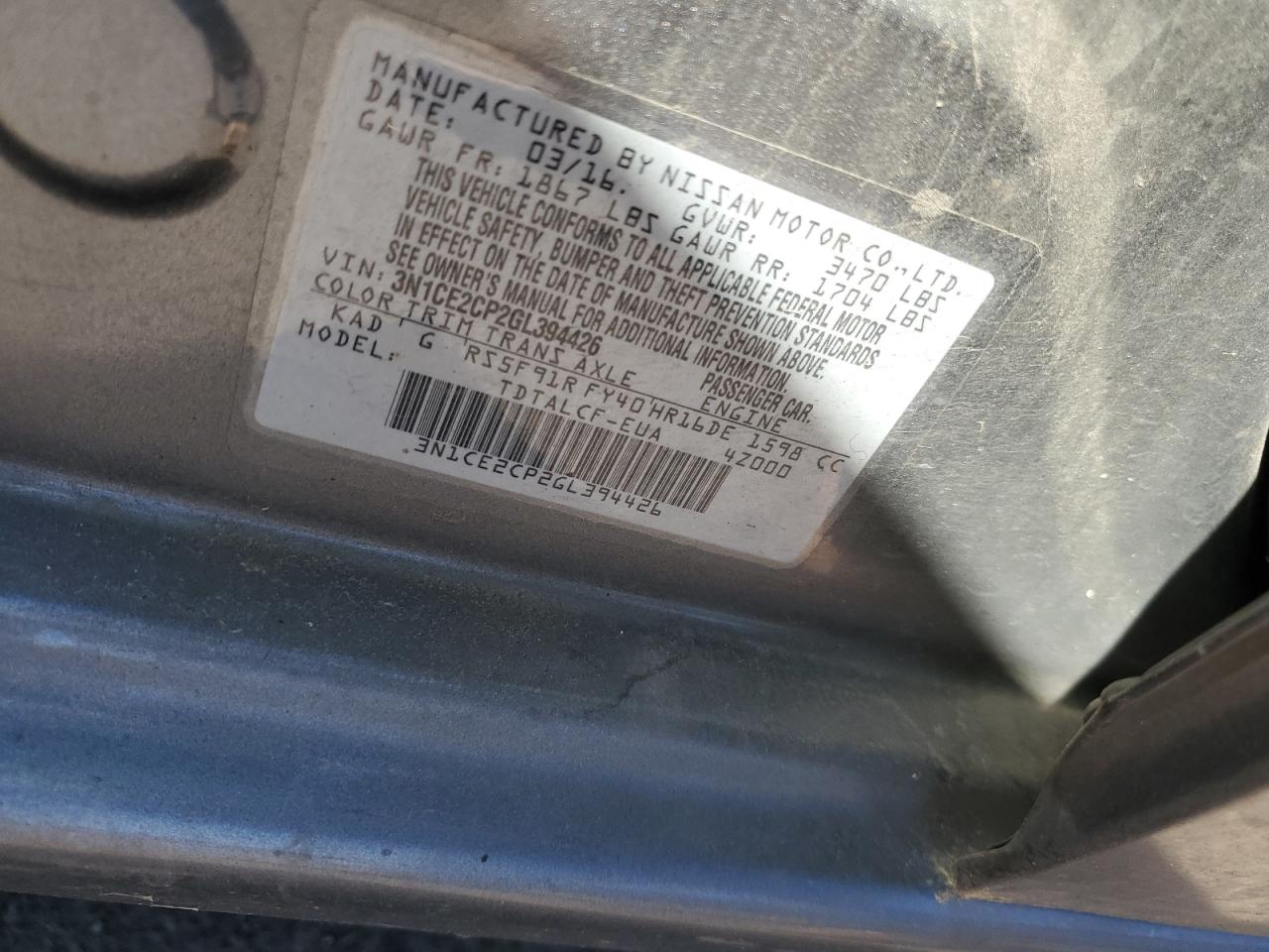 3N1CE2CP2GL394426 NISSAN VERSA 2016