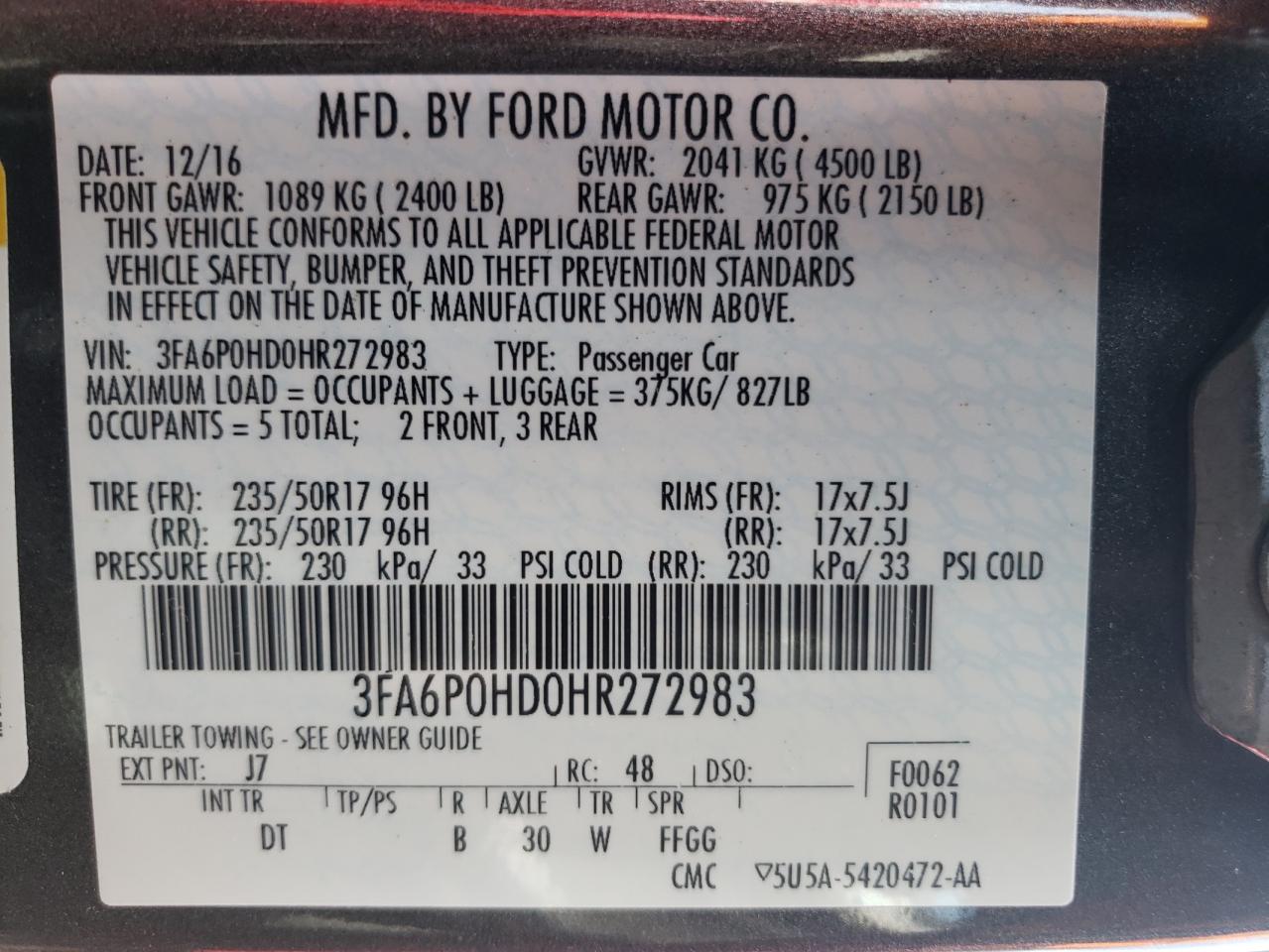 2017 Ford Fusion Se vin: 3FA6P0HD0HR272983