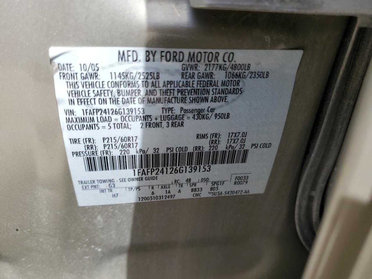1FAFP24126G139153 2006 Ford Five Hundred Sel