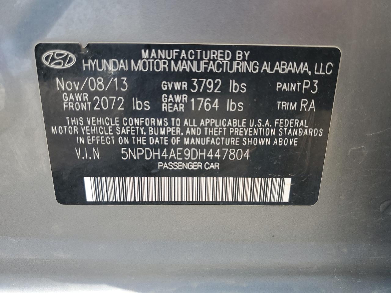 5NPDH4AE9DH447804 2013 Hyundai Elantra Gls