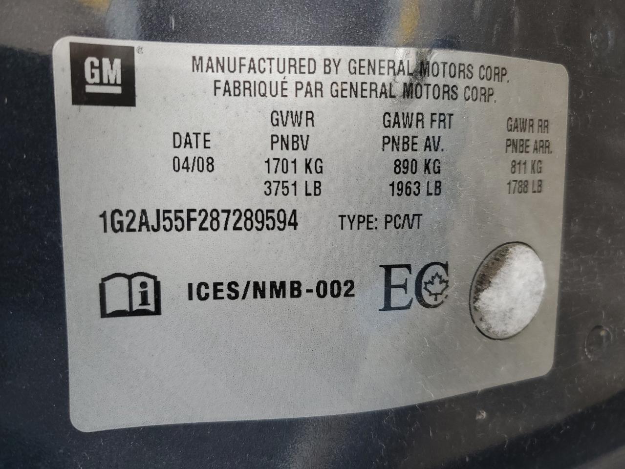 1G2AJ55F287289594 2008 Pontiac G5