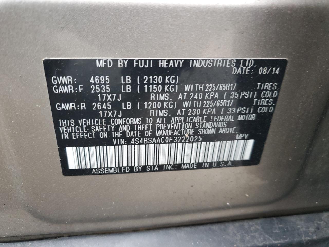 4S4BSAAC0F3222025 2015 Subaru Outback 2.5I