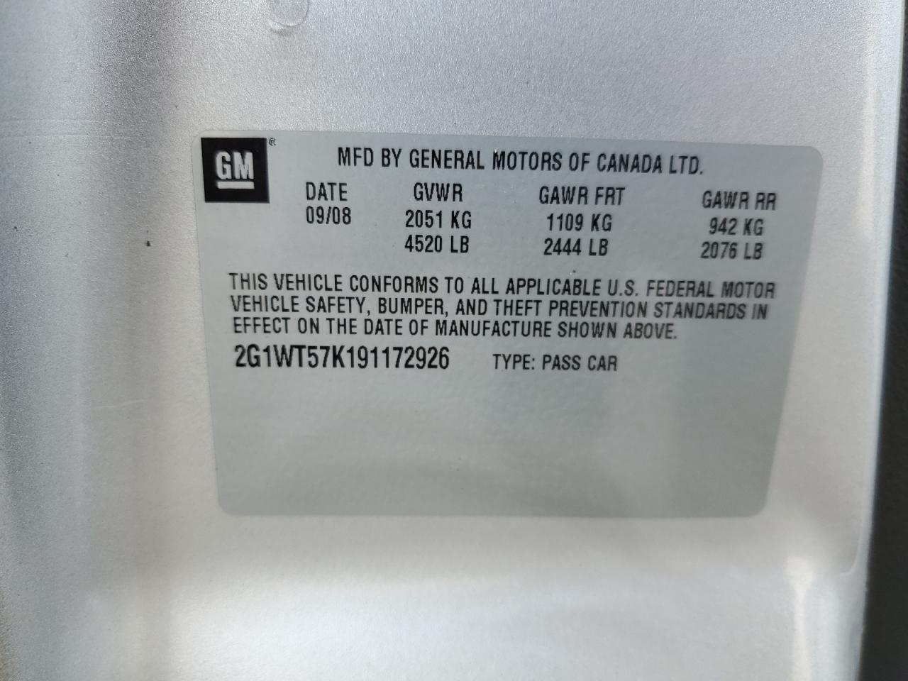 2G1WT57K191172926 2009 Chevrolet Impala 1Lt