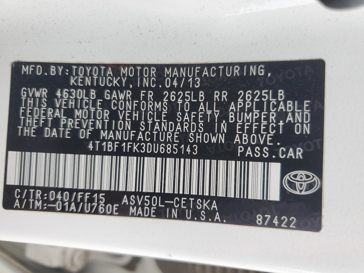 4T1BF1FK3DU685143 2013 Toyota Camry L