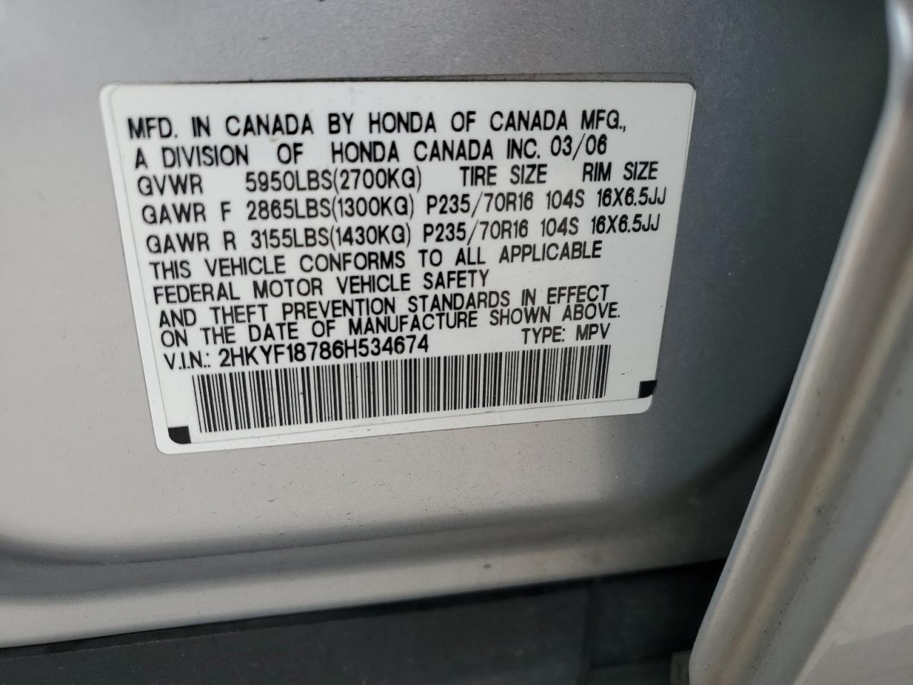 2HKYF18786H534674 2006 Honda Pilot Ex