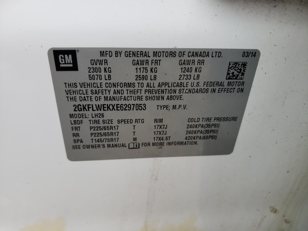 2GKFLWEKXE6297053 2014 GMC Terrain Sle