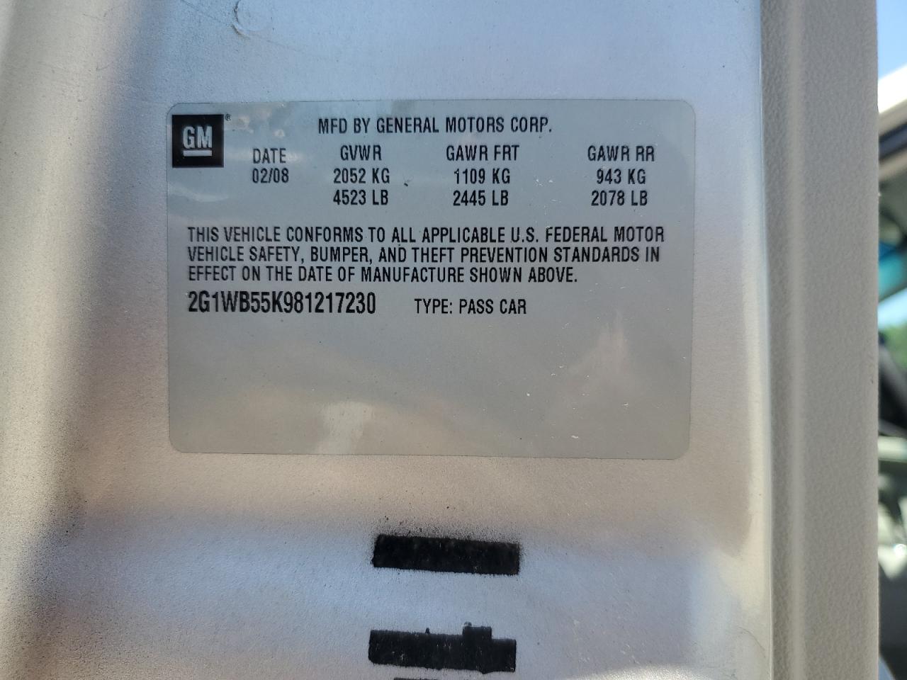 2G1WB55K981217230 2008 Chevrolet Impala Ls