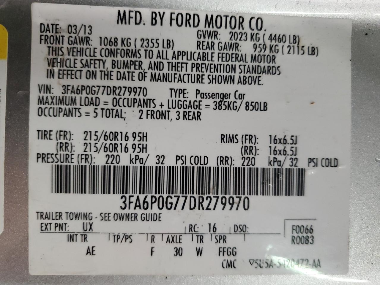 3FA6P0G77DR279970 2013 Ford Fusion S