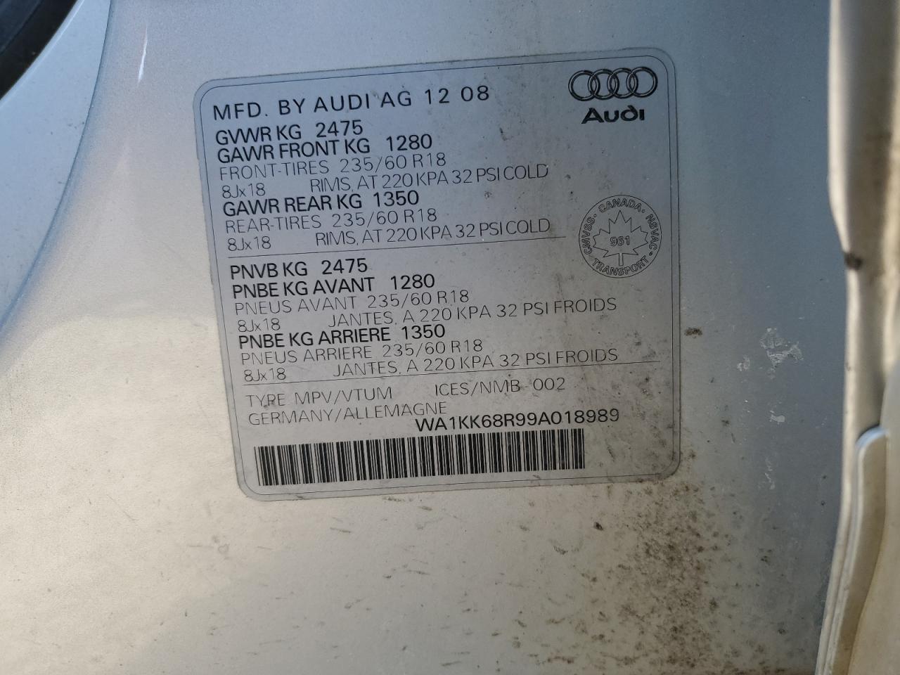 WA1KK68R99A018989 2009 Audi Q5 3.2