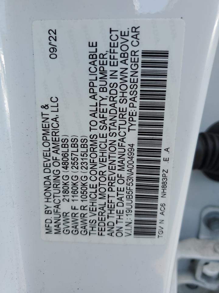 19UUB5F53NA004994 2022 Acura Tlx Tech A