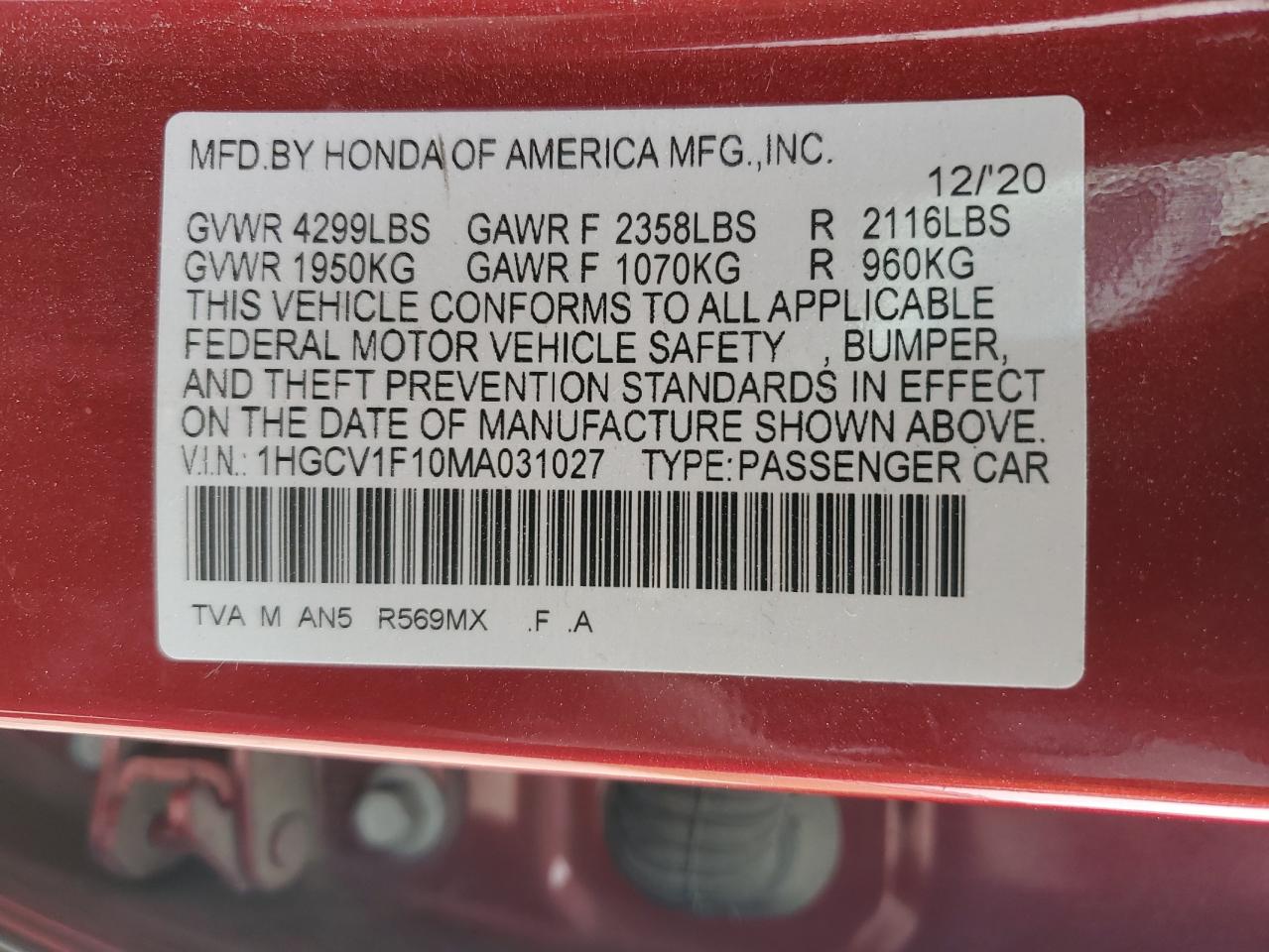 1HGCV1F10MA031027 2021 Honda Accord Lx