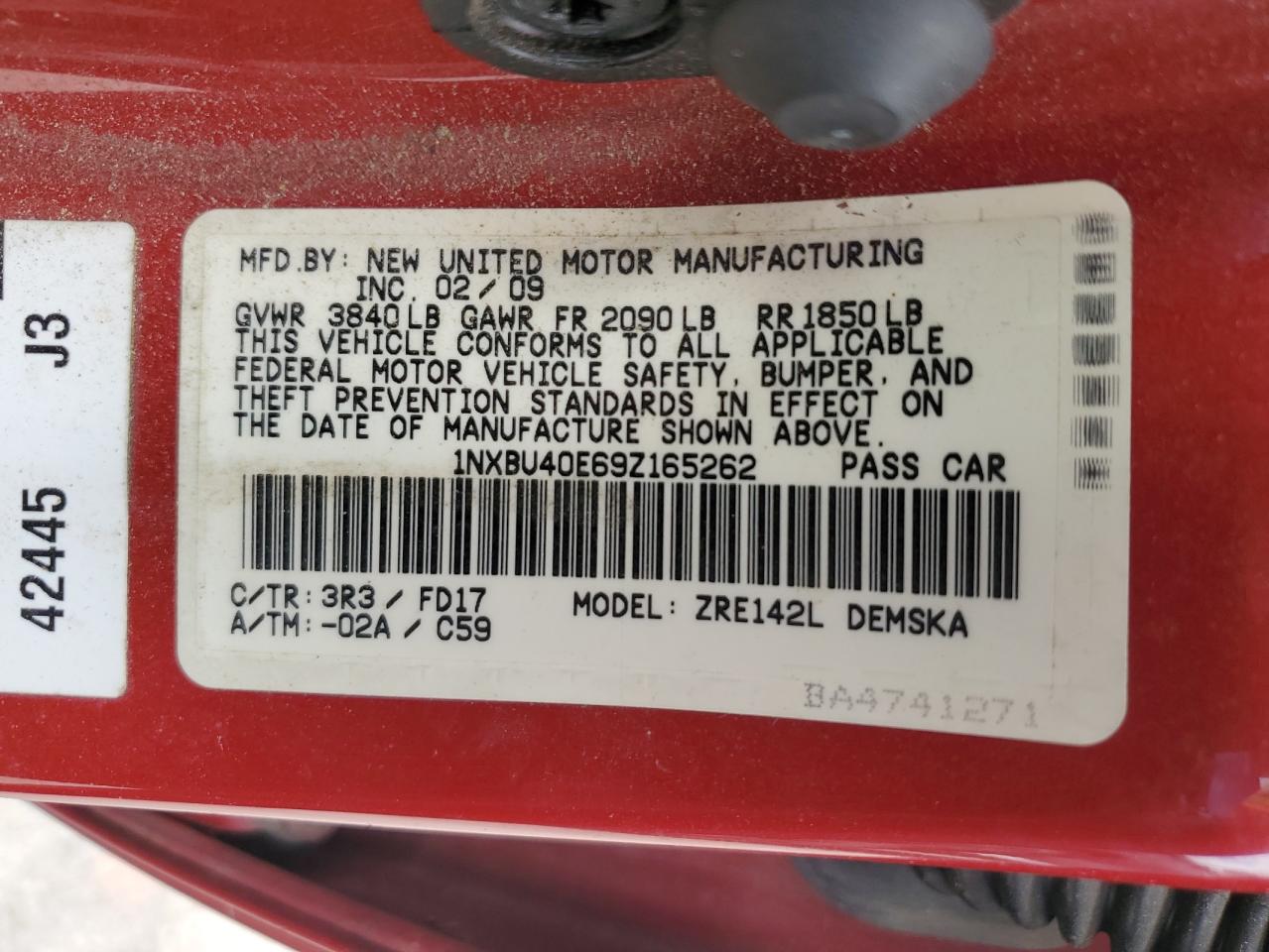 1NXBU40E69Z165262 2009 Toyota Corolla Base